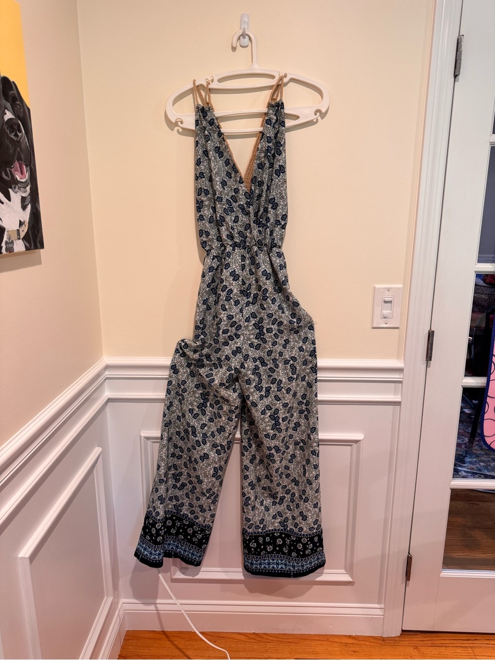 Sleeveless V-Neck Floral Wide-Leg Jumpsuit - Blue/White